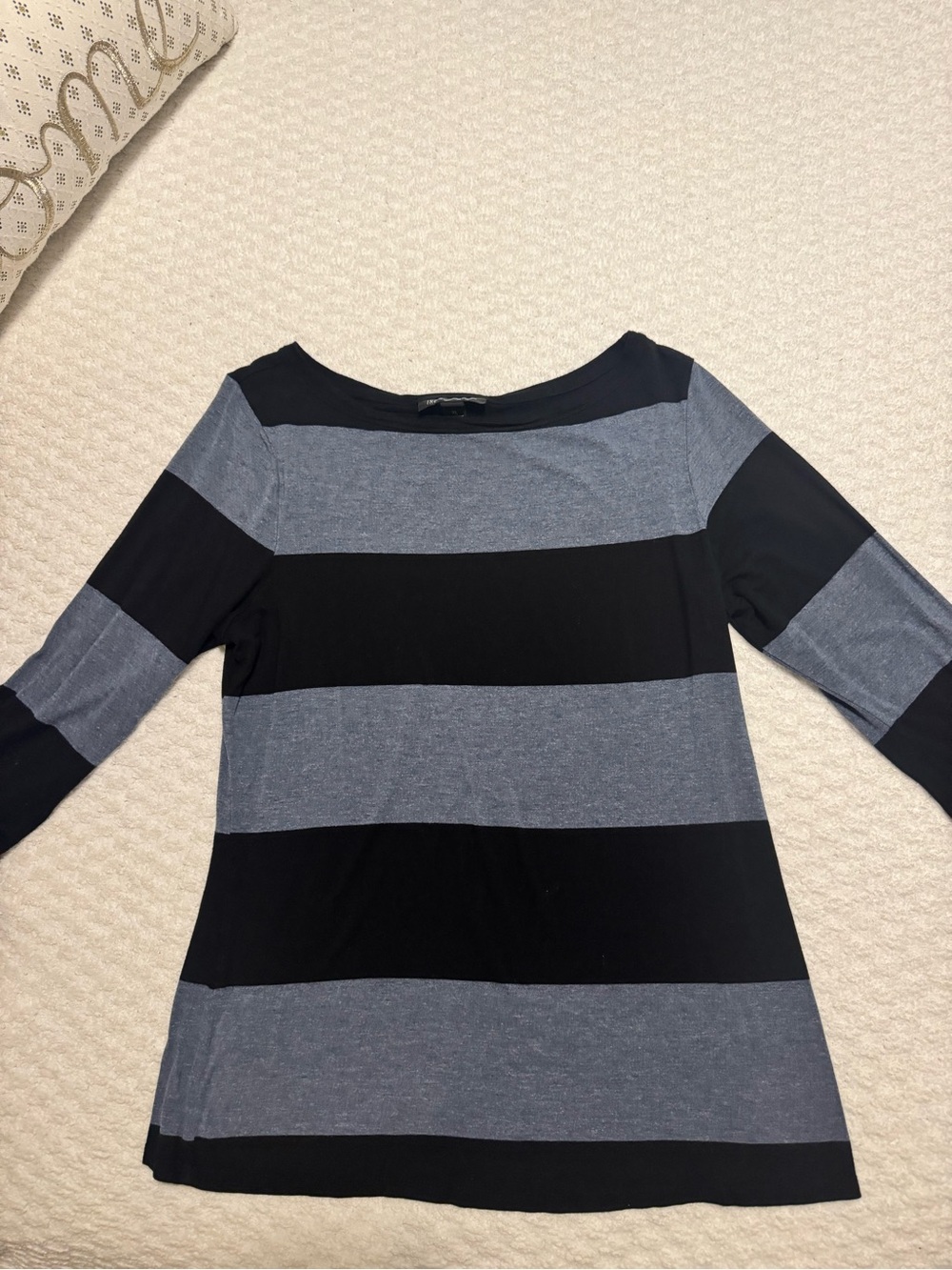 International Concepts Striped Black and Heather blue Boatneck Top